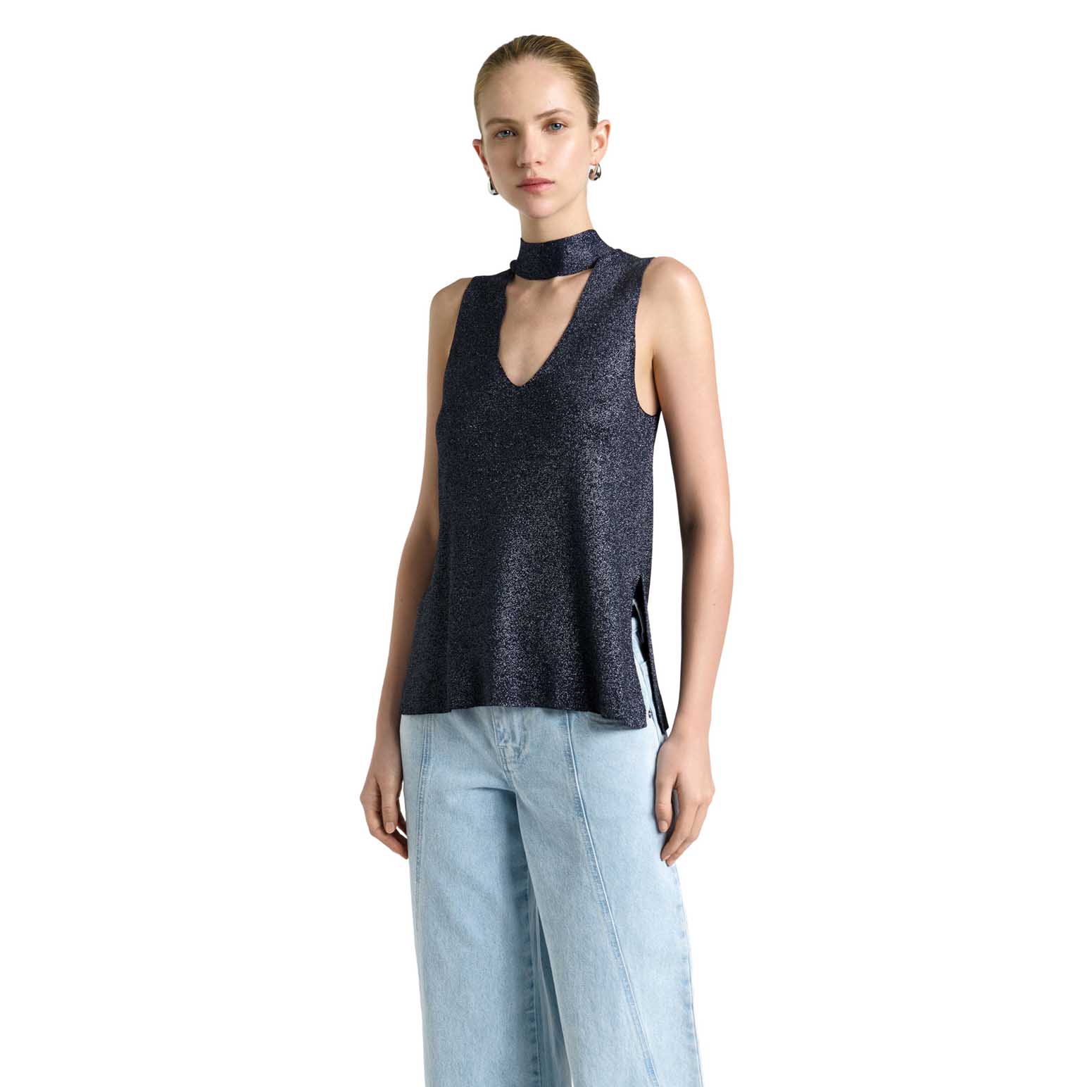 Cue Ink Lurex Tie Neck Knit Top